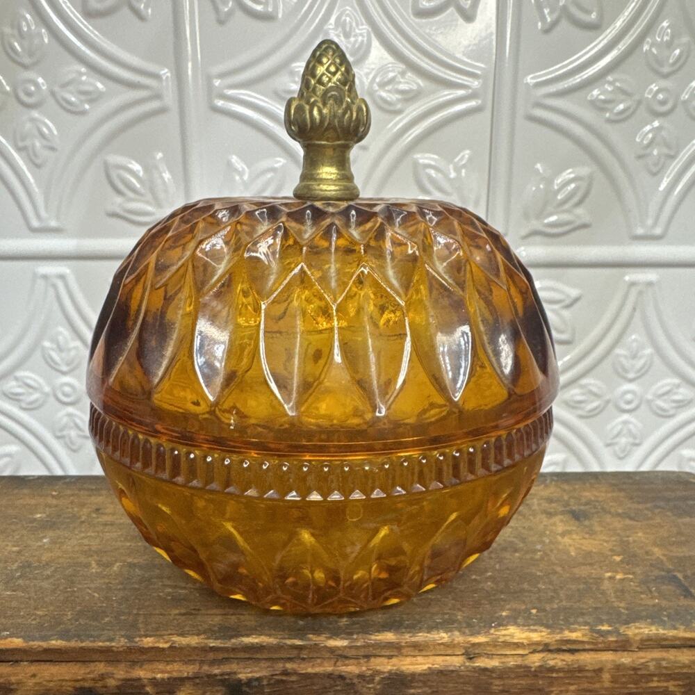 Beautiful Amber Glass Candy Dish 5" Tall Acorn Style Brass Knob